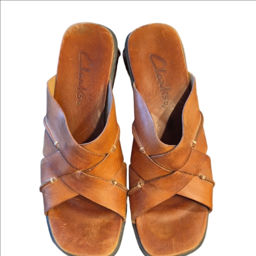 Clarks Tan Leather Crisscross Sandals Slide Style Size 6.5m